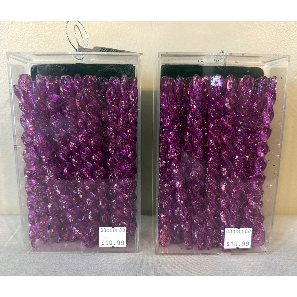 2 Boxes of 32 Crystal Clear Purple Glitter Plastic Icicles 5.25"  Ornaments (64)
